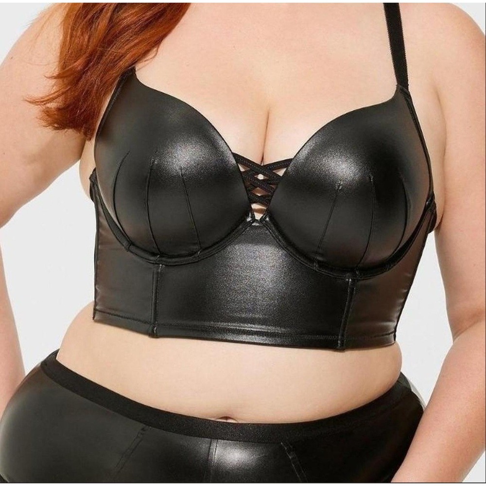 Torrid Curve XO Plunge Push Up Longline Pleather Bra 44C Black Strappy New W/Tag